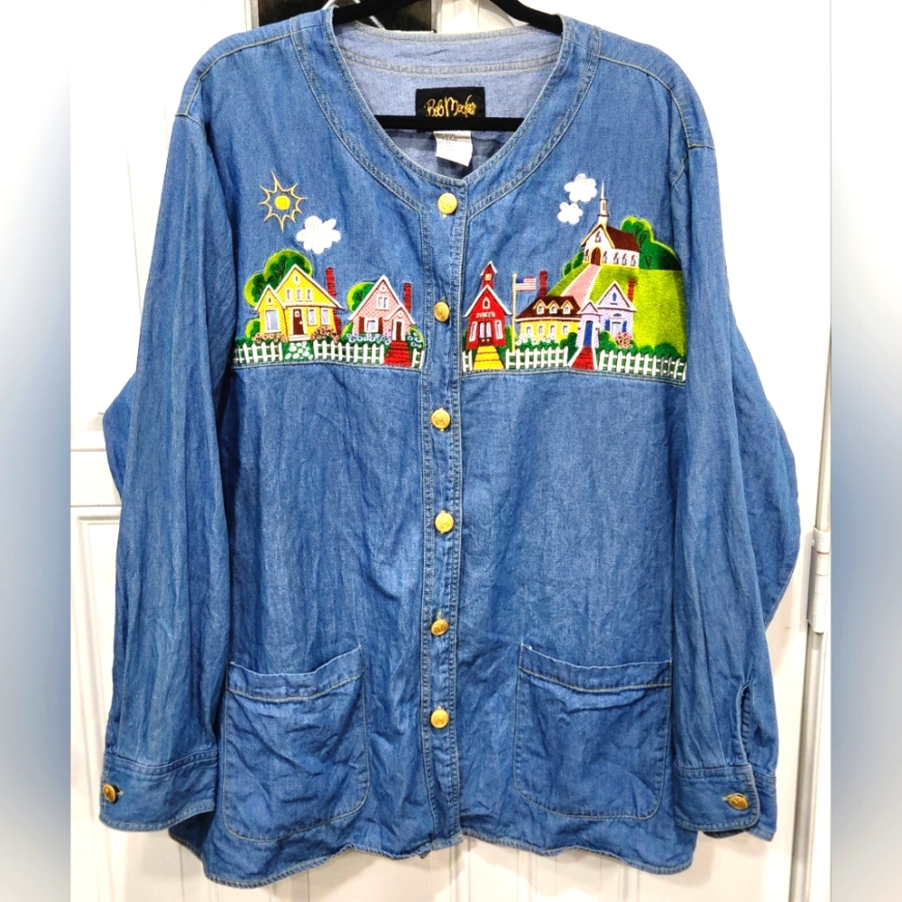 Bob Mackie wearable art embroidered town blue denim shacket women's size…